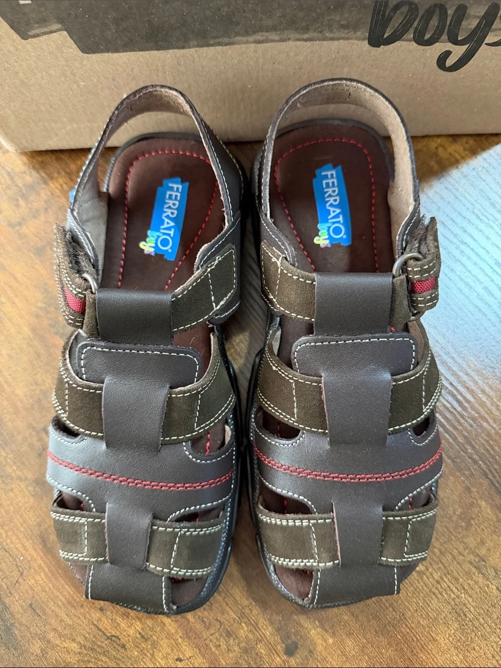 Boys Brown Sandals with Red Stitching